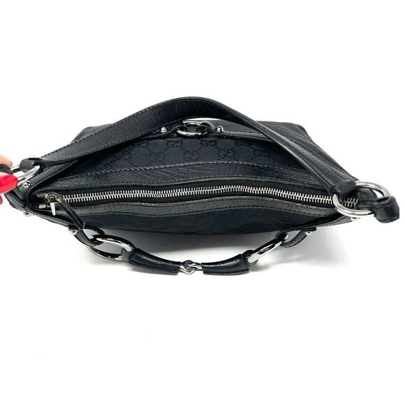 Gucci Horsebit GG Monogram Shoulder Hobo Zip Bag Canvas Leather Black Silver - Picture 10 of 16